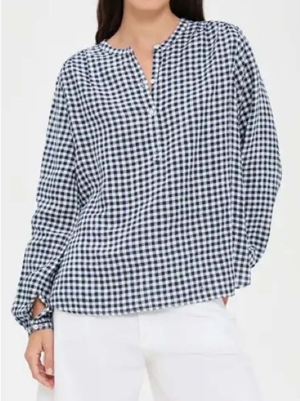 Clare V. Women's St. Martin Linen Check Gingham Top in Blue and White Small